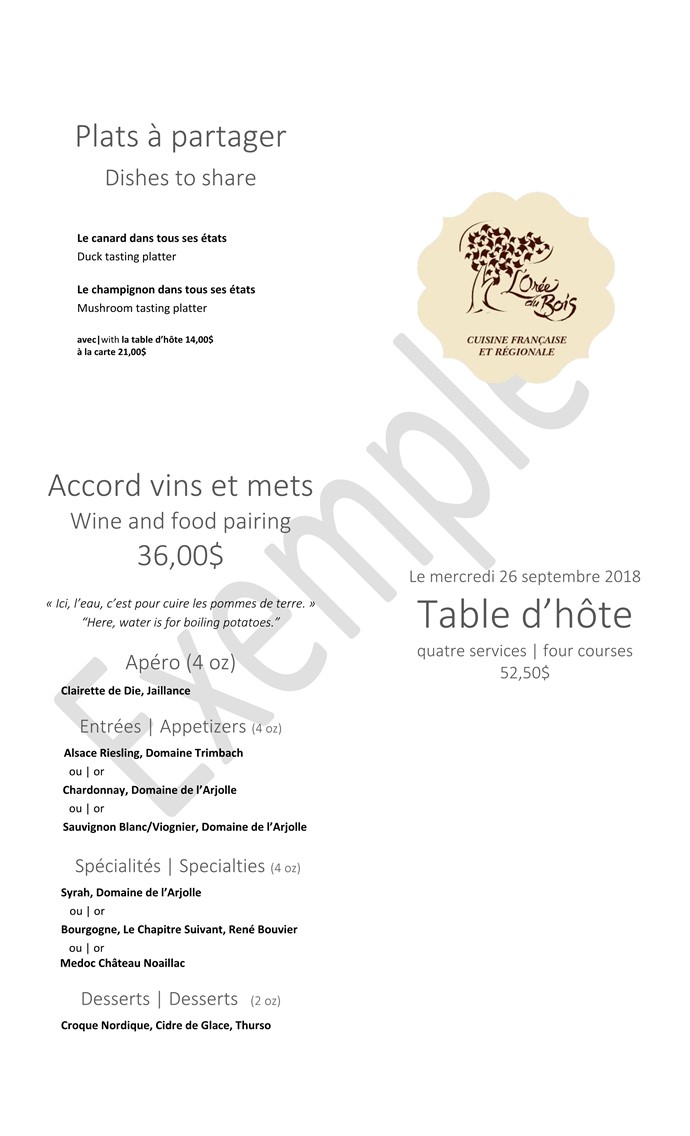 Table d'hôte Example 52.50